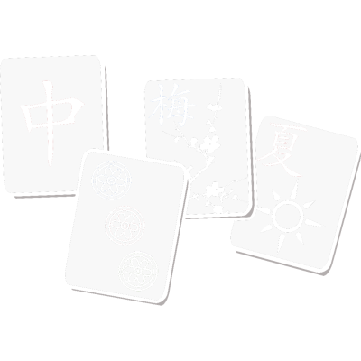 Four mahjong pieces in a row, from left to right: red dragon, 3 circles, plum blossom, and summer