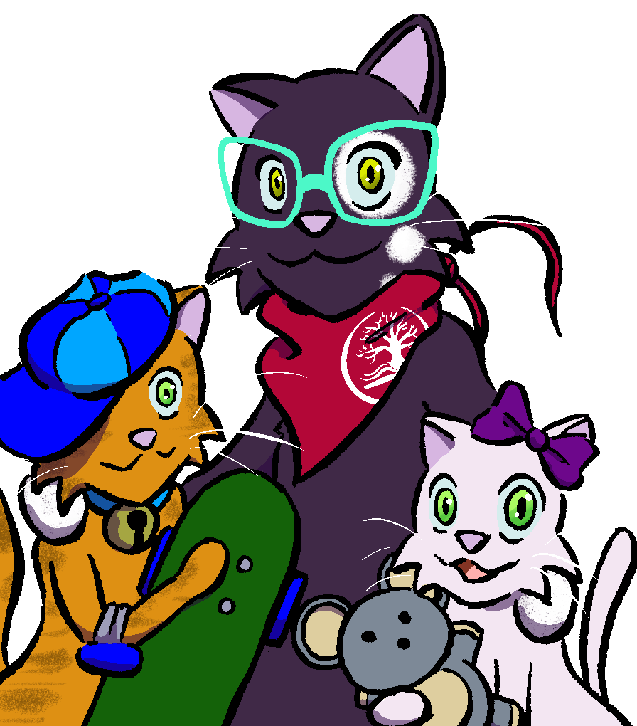 A group of cartoon cats of all ages. The oldest is in the middle, hugging the two kittens.