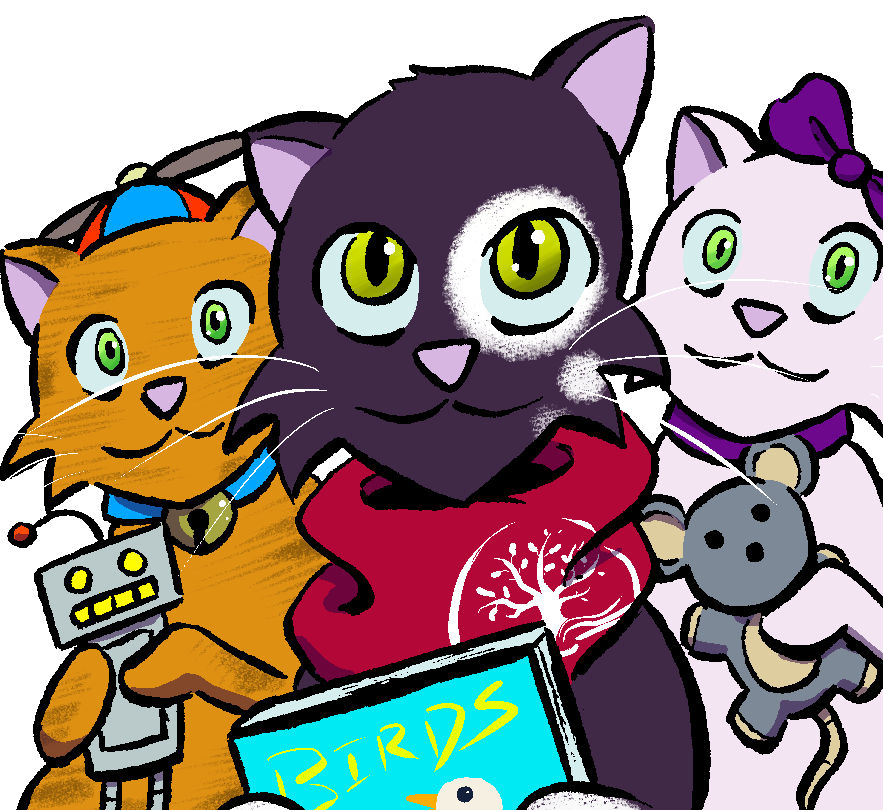 Three cartoon kittens. One is holding a toy robot, and one is holding a teddy bear.