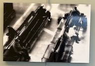 A row of benches, seen from overhead. A collection of young and old, men and women, sit scattered with plenty of space between them. Captured in greyscale. 
