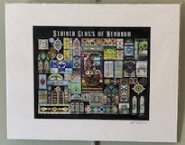 A collage of several stained-glass windows and ornaments. Text at the top reads "Stained Glass of Wenonah"