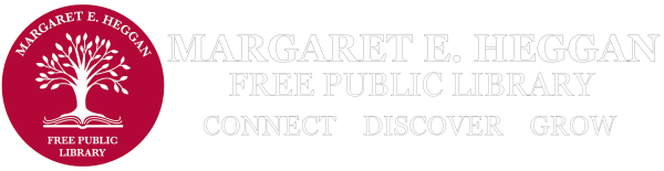 The logo for the Margaret E. Heggan Free Public Library, which is a tree growing from an open book.